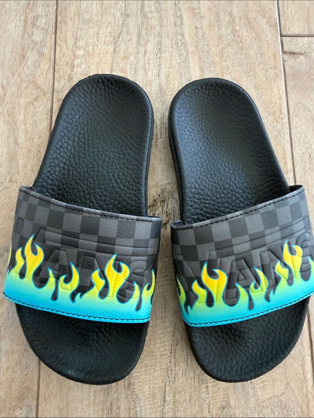 Vans Black Slides with Yellow and Teal Flame Accent